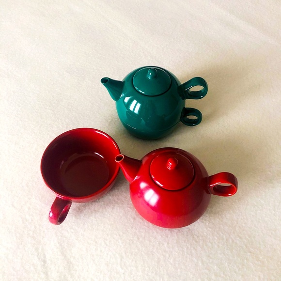 Other - Green Red Ceramic Tea for Me Set Pot Cup 2 Sets